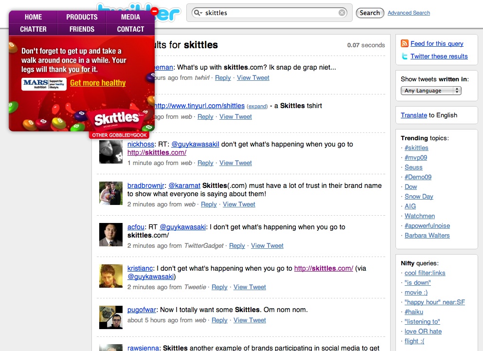 skittles-homepage screen grab: skittles.com homepage on March 2, 2009