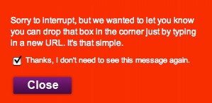 skittles-sorry screen grab: skittles.com pop-up explaining how to navigate away from their site.