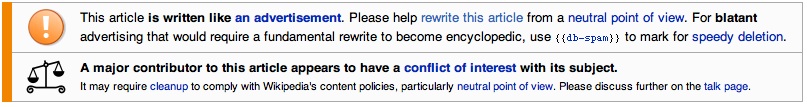 warning about Skittles.com product page on Wikipedia screen grab: the article notice that appears at the top of Wikipedia's Skittles page.